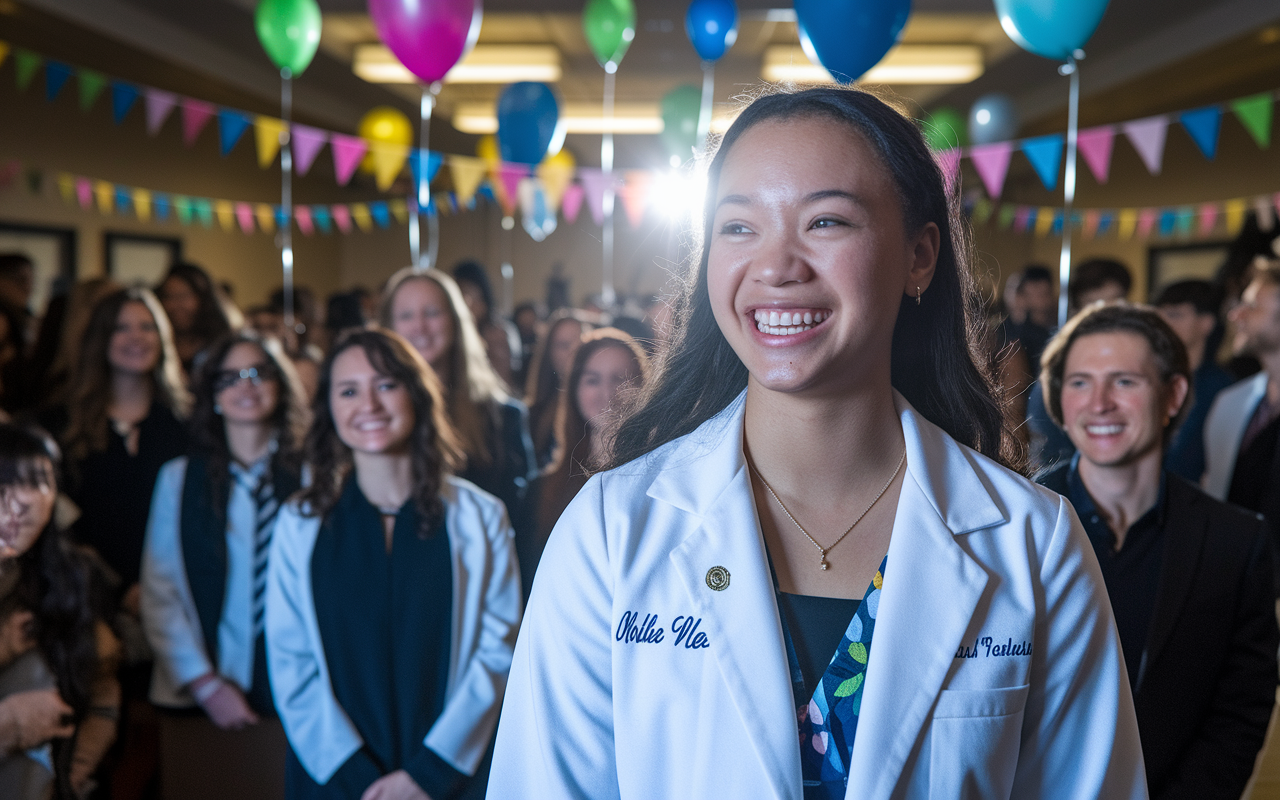 A young woman in a white coat stands proudly at her white coat ceremony, beaming with joy and anticipation. The background captures a warm and inviting atmosphere, filled with fellow students, mentors, and family members. The light beautifully illuminates her genuine smile, symbolizing triumph over academic challenges. Her white coat has the name embroidered, showcasing her resilience and dedication to entering the medical field. Colorful balloons and banners of encouragement decorate the room, enhancing the celebratory mood.