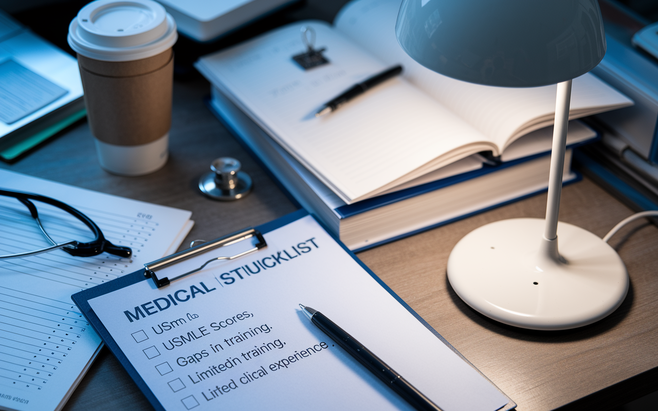 A close-up scene of a medical student's application checklist on a desk. The checklist includes items like 'USMLE Scores,' 'Gaps in Training,' and 'Limited Clinical Experience.' The desk is cluttered with textbooks, coffee cups, and personal notes, showcasing the stress and determination of the applicant. A serene lamp casts a focused light, creating a stark contrast to the chaotic background, symbolizing the journey through confusion to clarity.