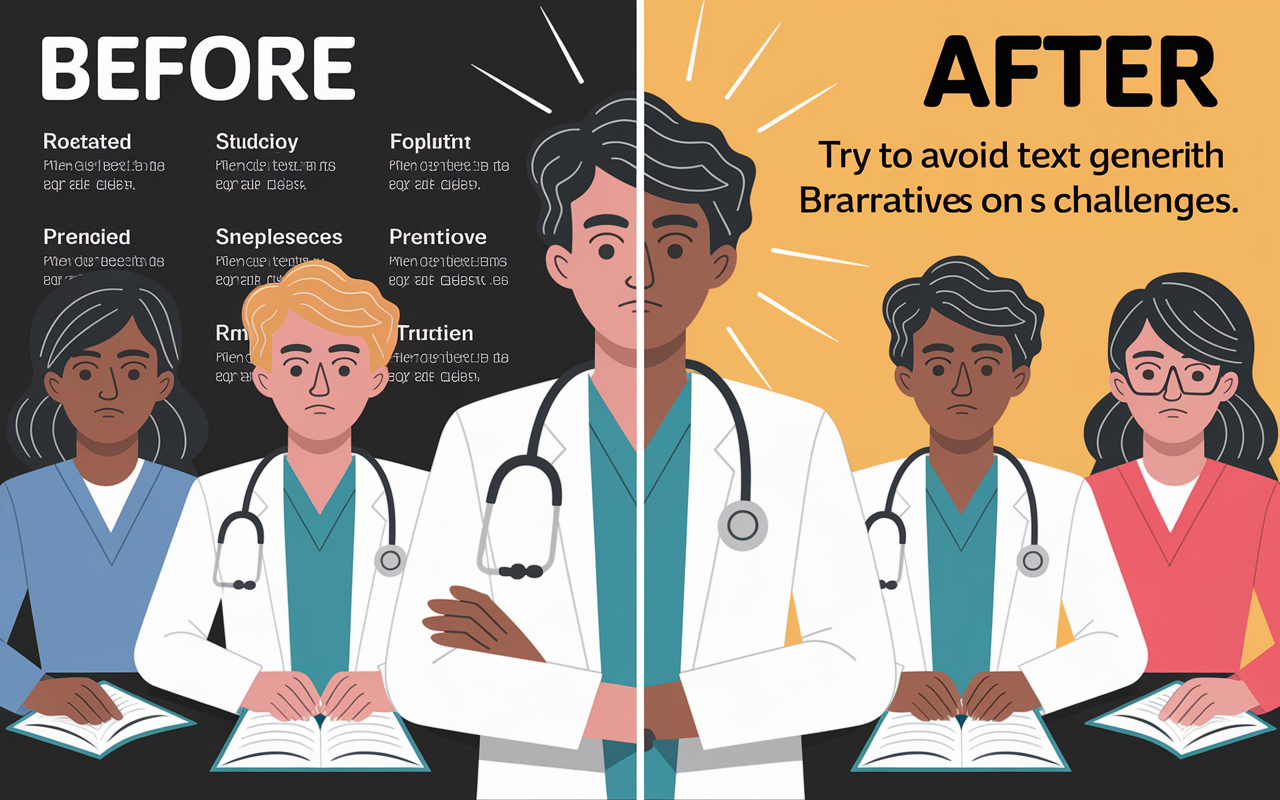 A split-screen image showing 'Before' and 'After' narratives of a medical student's challenges. On the left, a student looking defeated with grades on display, while the right side shows the same student confidently participating in a study group, sharing strategies. Surrounding them are supportive peers, illustrating growth and resilience. Bright, hopeful lighting on the 'After' side contrasts with a darker tone on the 'Before' side, conveying transformation.