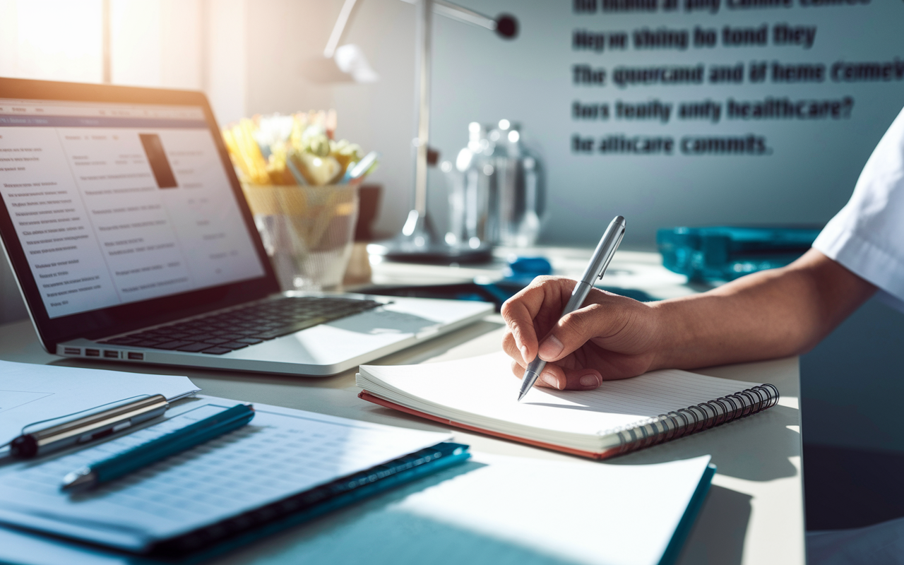 A focused view of a medical student's hand poised over a notebook, writing a personal statement. The desk is well-organized, with a laptop open, displaying healthcare articles and coursework. Soft sunlight illuminates the space, creating a warm atmosphere of creativity and determination. The background features inspiring quotes on the wall and clinical tools, reinforcing the theme of healthcare commitment.