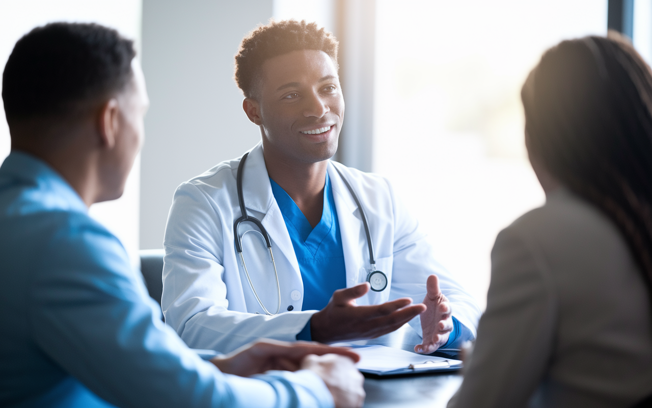 A scene from a residency interview where a confident medical candidate engages with interviewers at a table. The candidate is dressed professionally, exuding confidence while reflecting on their journey. Bright, natural lighting illuminates the room, adding a sense of openness. The interviewers seem engaged and positively responsive, creating an atmosphere of encouragement and understanding.