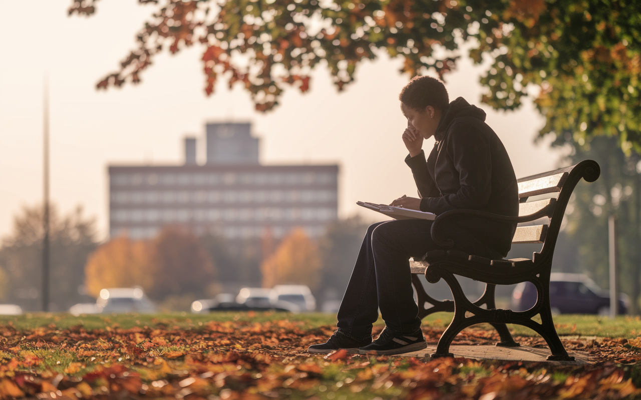 A solitary figure reflecting on their journey, seated on a bench in a park, with a journal in their lap. Warm autumn colors surround them, symbolizing change and growth. The figure gazes thoughtfully at the ground, with a hint of a smile, portraying optimism and resilience for future endeavors. A distant view of a medical school can be seen in the background, symbolizing hope and ambition.