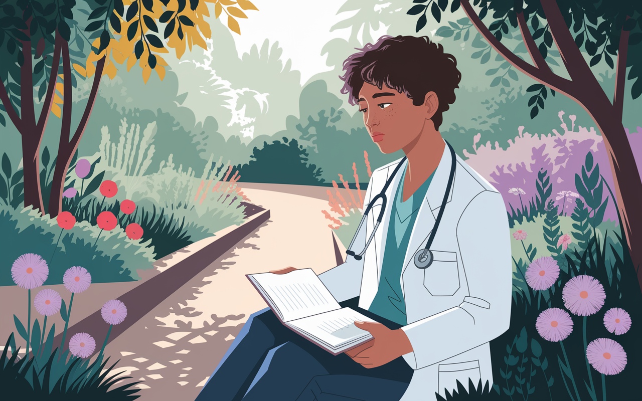 An illustration of a serene setting where a young medical student reflects on their journey, seated in a peaceful garden surrounded by vibrant flowers and trees. The student looks contemplative, with an open notebook on their lap, sunlight streaming through the leaves creating dappled light patterns on their face. The atmosphere evokes a sense of calm introspection and personal growth.