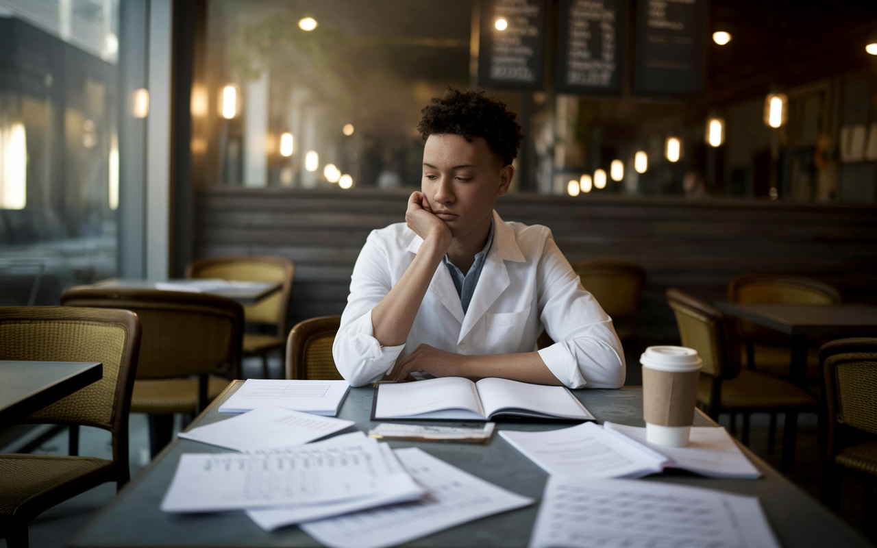 An introspective medical student sitting alone in a quiet café, surrounded by open textbooks and notes, engaged in a self-assessment. The atmosphere is calm and cozy, with warm lighting that fosters reflection. The student has a pensive expression, with a coffee cup beside them. Scattered papers with grades and evaluation forms are displayed on the table, signifying the importance of self-reflection in their residency preparation.