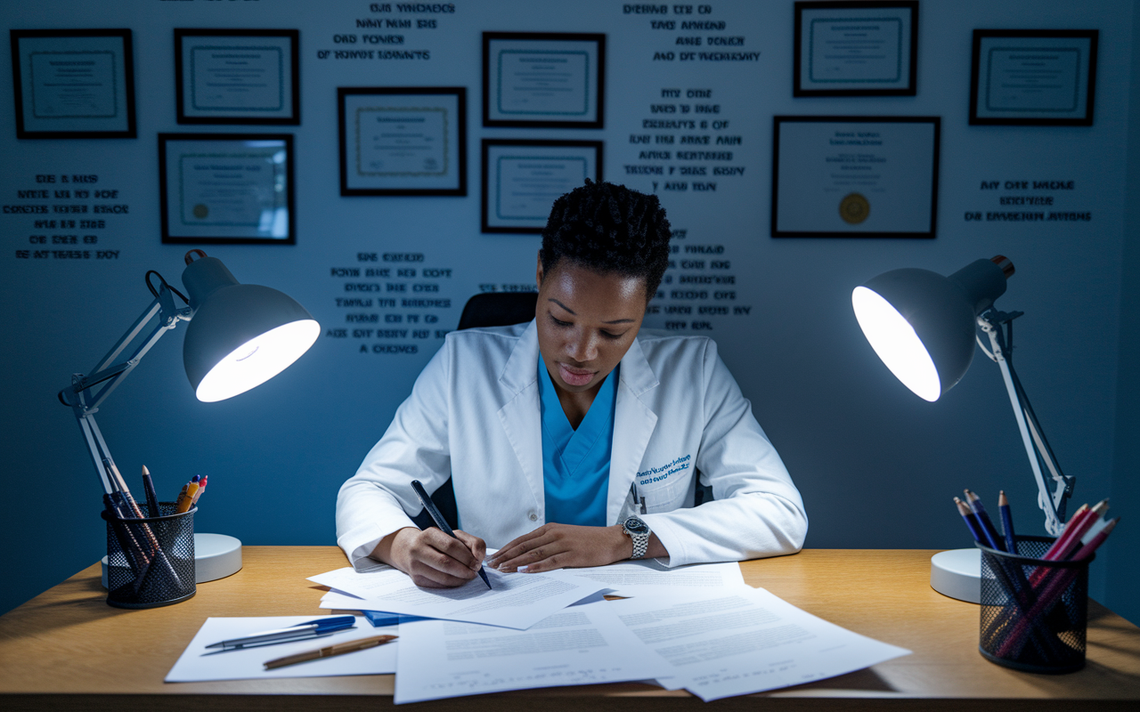 An aspiring physician at a writing desk, deeply focused on composing their personal statement for residency applications. The scene is illuminated by soft ambient light, creating an intimate atmosphere. The desk is covered with notes and drafts, showcasing a process of refinement. Behind them, a wall decorated with certificates and positive affirmations embodies a journey of growth and determination.