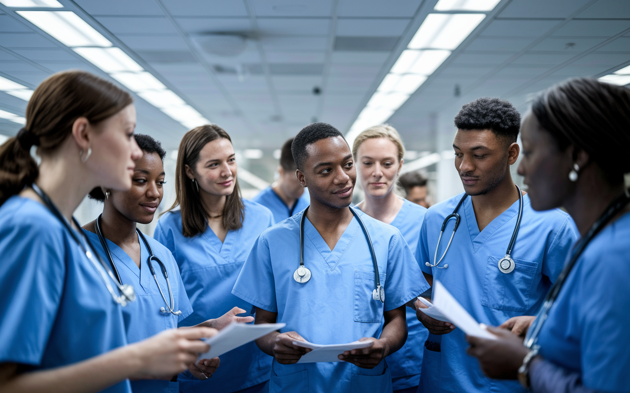 A diverse group of medical interns in scrubs collaboratively discussing cases in a bustling hospital setting. Bright overhead lights illuminate the clinical area, and medical charts are visible. The atmosphere is dynamic and energetic, showcasing teamwork and dedication. The faces of the interns express focus and enthusiasm, emphasizing the importance of clinical experiences in their residency applications.