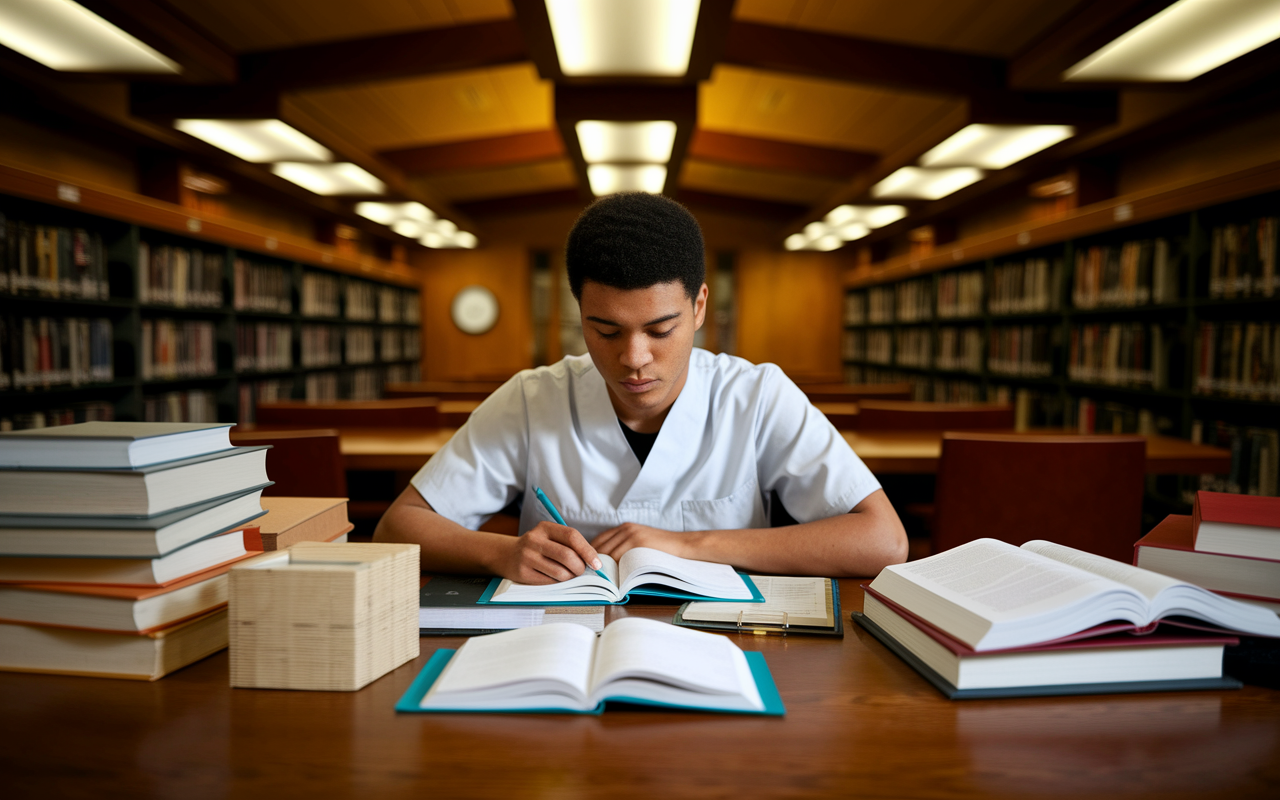 A focused medical student in a tranquil library setting, surrounded by open textbooks and study aids, engaged in an organized study plan. The warm lighting creates a focused atmosphere, with study materials neatly arranged. The student has a determined look, highlighting the importance of preparation for medical exams. A clock on the wall shows an afternoon time, emphasizing a dedicated study timeline.