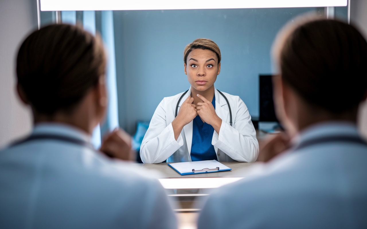 A candidate rehearsing in front of a mirror, practicing answers for their residency interview. The room is well-lit with a focused atmosphere, showcasing determination. The candidate is dressed professionally, with notes and relevant documents on a nearby desk. The expression reflects confidence, portraying the importance of preparation and self-assuredness in the interview process.