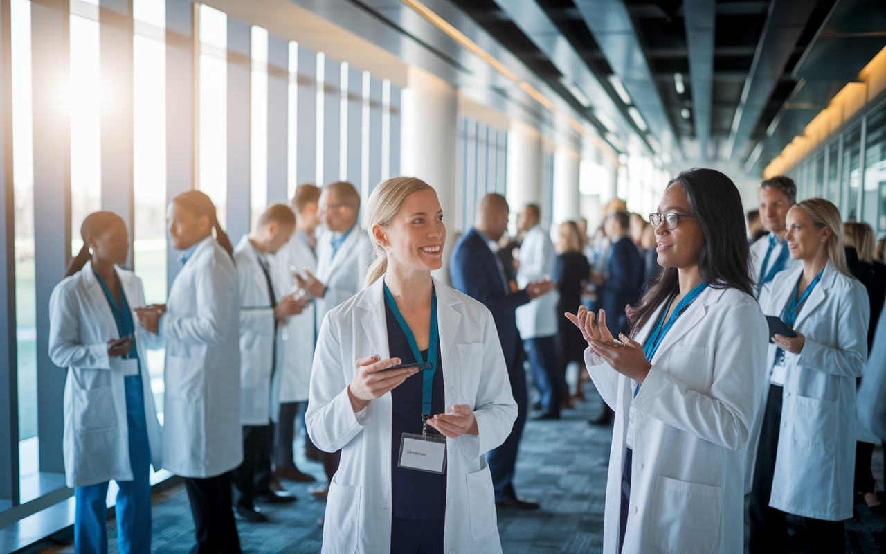 A physician networking event with medical professionals engaging and exchanging ideas in a modern conference space. The environment is vibrant, with attendees displaying enthusiasm and collaboration. Soft natural light filters through large windows, creating an inviting atmosphere. A diverse group discusses possibilities, highlighting the importance of mentorship and networking in a medical career.