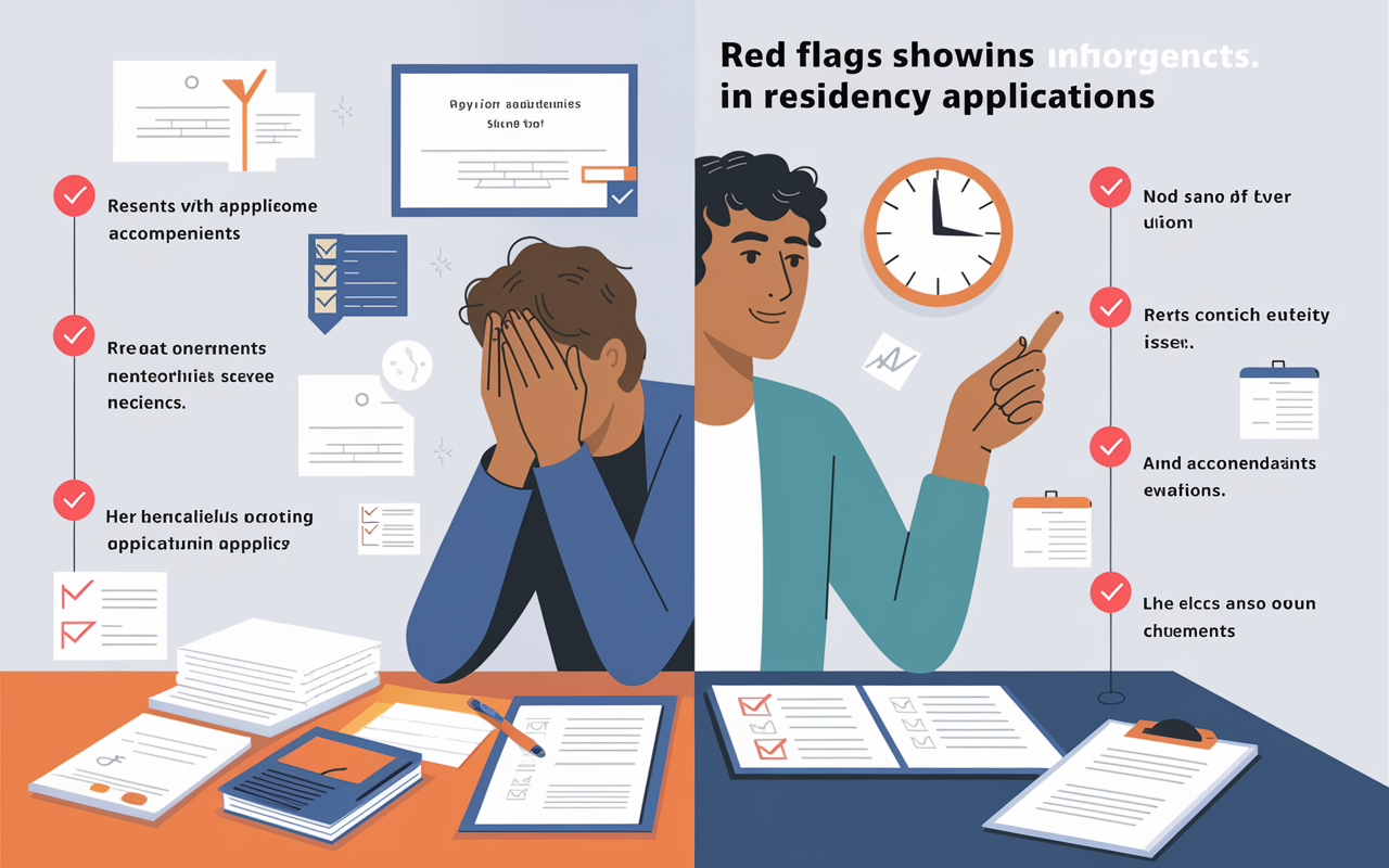 An illustrative infographic showcasing various red flags in residency applications, featuring a split scene of two characters: one looking stressed with their head in hands over a table cluttered with application materials, and the other confidently reviewing their achievements with a visible checklist. The background depicts various elements like diplomas, recommendation letters, and a clock showing time. A subtle red flag sign icon accompanies each potential issue, conveying a sense of urgency and clarity. The style is modern and informative, with a clean layout and engaging color scheme.