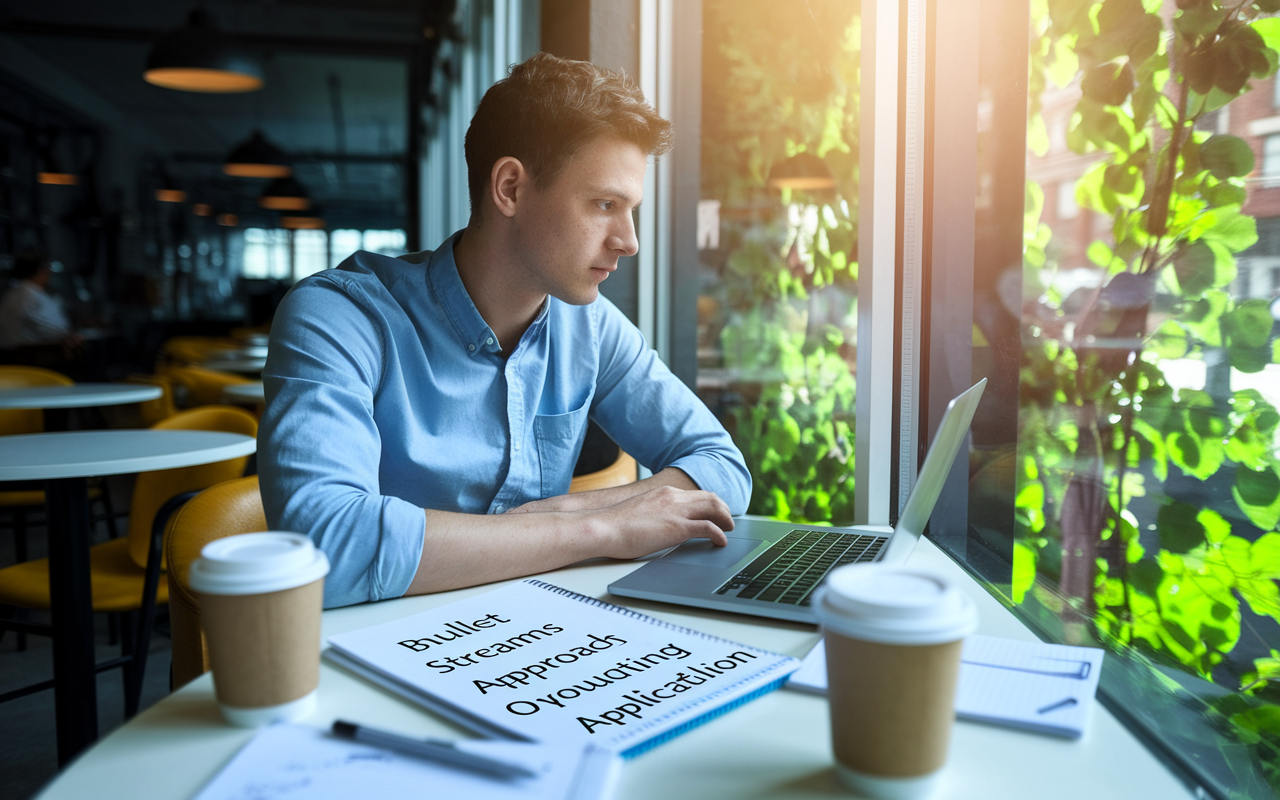 A focused scene of a medical student in a serene café, working on a laptop surrounded by empty coffee cups and notepads filled with writing. The student, a Caucasian male in casual clothing, has a determined expression. Sunlight streams through the window, illuminating the room and casting soft shadows on his face, or vibrant greenery is reflected outside. On the table, bullet points of strategies are sketched out, symbolizing a proactive approach towards overcoming application challenges. The atmosphere is bright and encouraging, illustrating hope and resilience.