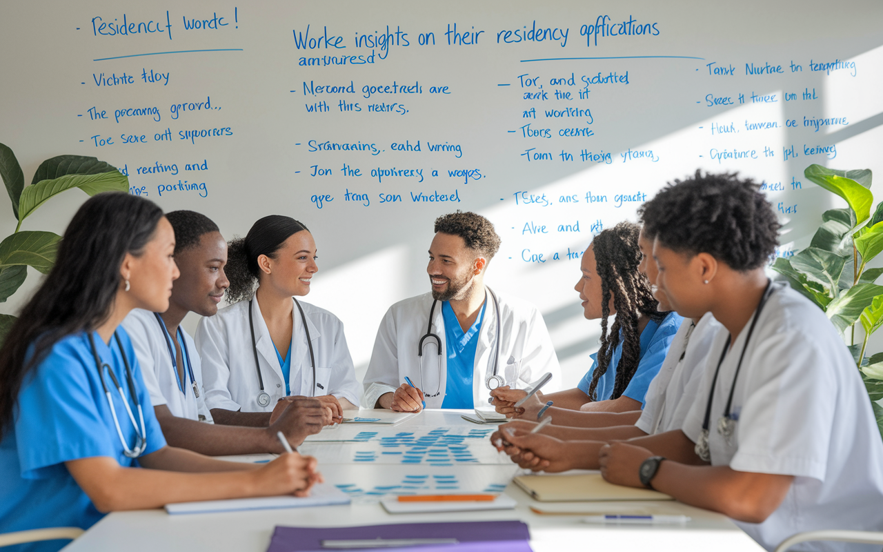 A serene and inspiring environment where a diverse group of medical students collaborate around a large table, sharing insights on their residency applications. The scene captures various nationalities, each working together and writing on a large whiteboard filled with notes, strategies, and positive affirmations. Natural light floods the space, creating an inviting and collaborative atmosphere, reflective of camaraderie and support. The style is vibrant and positive, evoking the spirit of teamwork and determination.