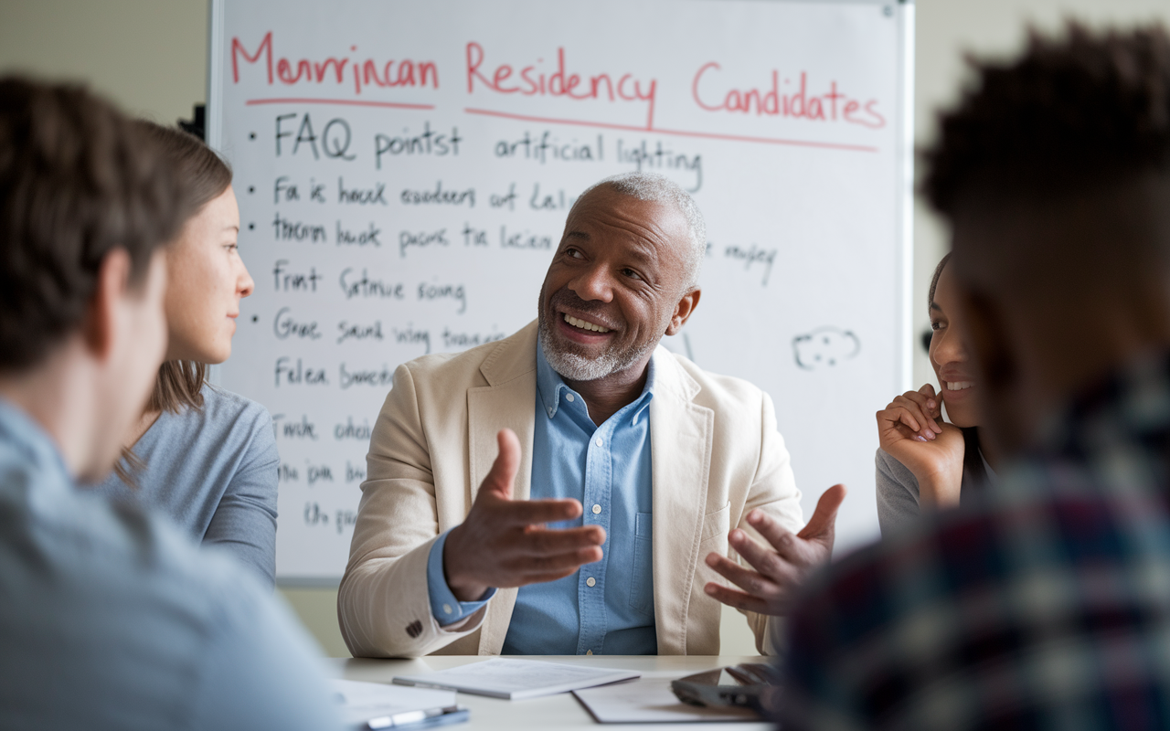 A thoughtful scene featuring an experienced mentor answering questions at a small seminar for medical residency candidates, showing the mentor, an older African American male, enthusiastically engaging with a group of attentive students. A backdrop displays a whiteboard with FAQ points listed, all under soft artificial lighting. The atmosphere is warm and welcoming, filled with curiosity and engagement. Realistic style capturing facial expressions and interactions, emphasizing the importance of mentorship and guidance in the residency application process.