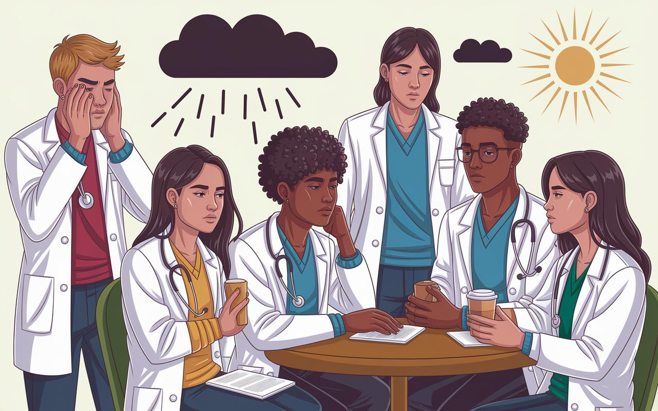 An artistic representation of emotional responses to rejection, featuring a diverse group of young medical students. Each student is depicted in a unique emotional state—one holds their head in their hands in despair, another looks contemplative and motivated, while a third engages in a supportive conversation with a peer in a cozy coffee shop setting. The atmosphere is filled with soft, natural lighting, emphasizing the depth of their feelings. Visual metaphors like dark clouds and bright rays of sunshine illustrate the contrast of sadness and hope.