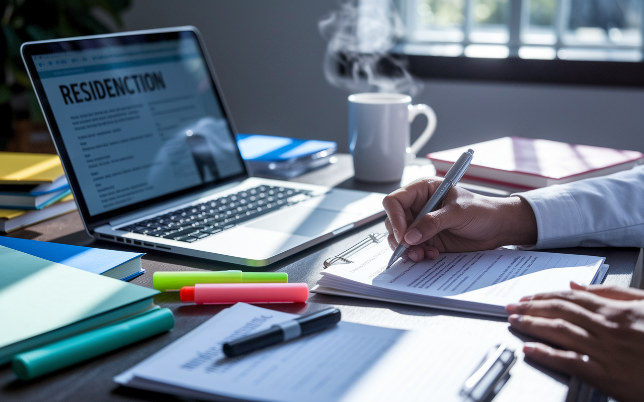 A close-up shot of a person's hands writing notes while reviewing a residency application on a laptop screen. The desk is cluttered with medical textbooks, highlighters, and a steaming mug of coffee. The light streams in from a nearby window, casting a focused beam on the application materials. Emphasize the diligence and seriousness of the task, suggesting a moment of introspection as the individual thinks about their past experiences and how to improve them.