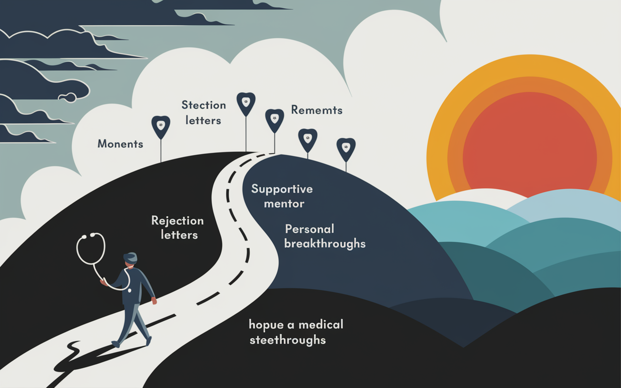 A visual metaphor depicting the medical journey of a student characterized by growth and resilience. The scene includes a winding road leading up a hill with markers representing key moments: rejection letters, supportive mentor meetings, and personal breakthroughs. The sky transitions from stormy clouds symbolizing doubt to a bright horizon representing hope and ambition. A figure walking along the path holds a stethoscope, embodying their determination to pursue a medical career despite obstacles.