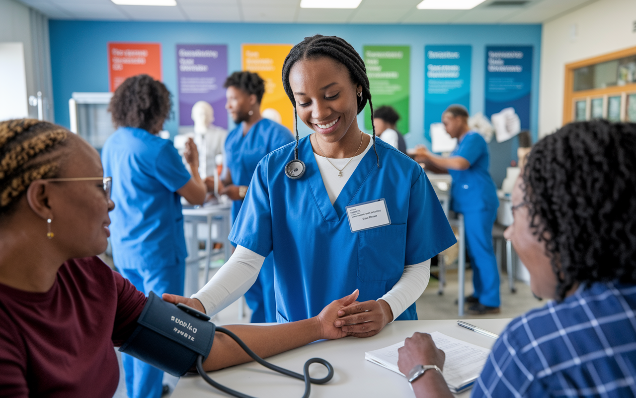 An enthusiastic medical student wearing scrubs and a name tag volunteering in a busy local clinic. They are interacting with patients, checking blood pressure with a caring smile, with colorful posters about health and wellness on the walls. The clinic is bustling with activity, bright lighting, and dedicated staff members collaborating in the background, encapsulating the spirit of community service.