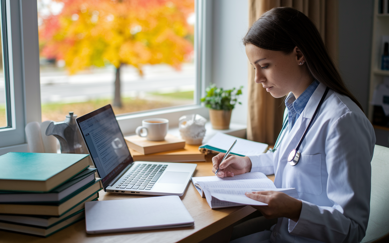 A medical student sitting at a sunlit desk, writing their personal statement with intense focus. The desk is cluttered with academic books, a laptop displaying a personal statement draft, and a cup of tea. A window shows a vibrant autumn tree outside, symbolizing change and growth. The atmosphere is warm and inviting, capturing the moment of introspection and determination.