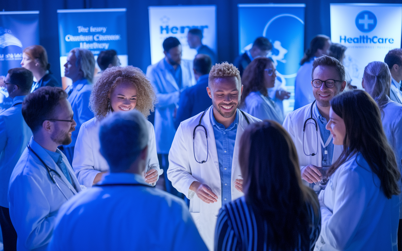 A group of diverse medical professionals engaged in lively discussions at a networking event, surrounded by banners of healthcare organizations. The atmosphere is vibrant, with a mix of excitement and camaraderie. Soft lighting highlights the interactions, showcasing their collaboration and support for each other's careers.