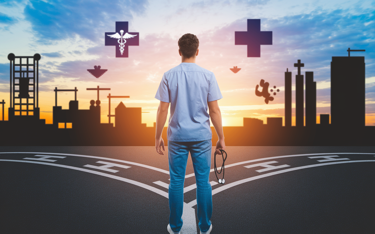 A young medical student standing at a crossroads, holding a stethoscope in one hand, with distant silhouettes of hospitals and medical symbols in the background. The scene captures the struggle between personal responsibility and academic ambition, with a sunset casting a warm yet uncertain light, symbolizing hope and challenges ahead.