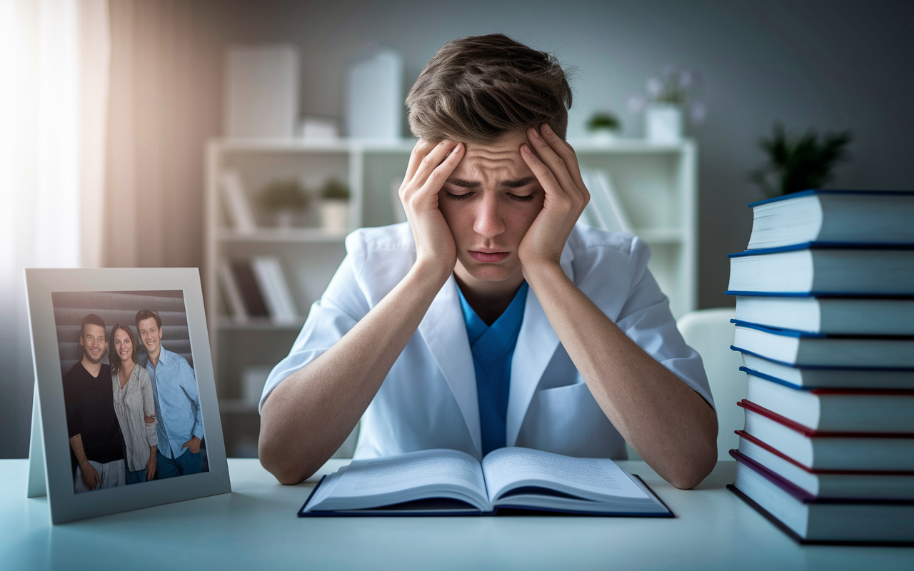 A young medical student with tired eyes, sitting at a desk with textbooks open, looking at a family photo beside them. The room is softly illuminated, conveying a sense of weariness mixed with determination. Symbolizing the struggle of balancing family dynamics with the demands of medical education.