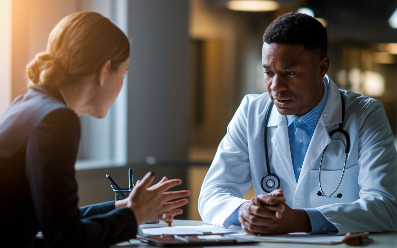 A doctor in a professional setting discussing with a mentor at a desk, their faces reflecting anxiety yet determination. The scene is composed with warm, supportive lighting, emphasizing the discussion about overcoming academic hurdles and personal challenges in a formal yet comforting environment.