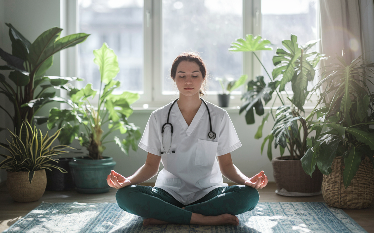 A serene scene of a medical student in a peaceful room, engaging in mindfulness meditation, with soft sunlight streaming through the window. Various plants surrounding them symbolize growth and tranquility, creating a calm atmosphere contrasting with their academic life.