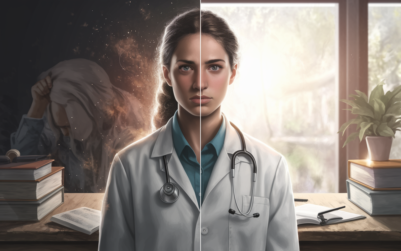 A split-scene image showing the contrast between past struggles and present achievements of a medical candidate. On one side, a worried student with textbooks scattered and a low grade visible, surrounded by dark tones of stress. On the other side, the same student now confidently presenting in a bright, welcoming setting, showcasing achievements and personal growth. Soft, inspiring light in the second half symbolizes hope and resilience, emphasizing the transformation. Art style: digital painting.