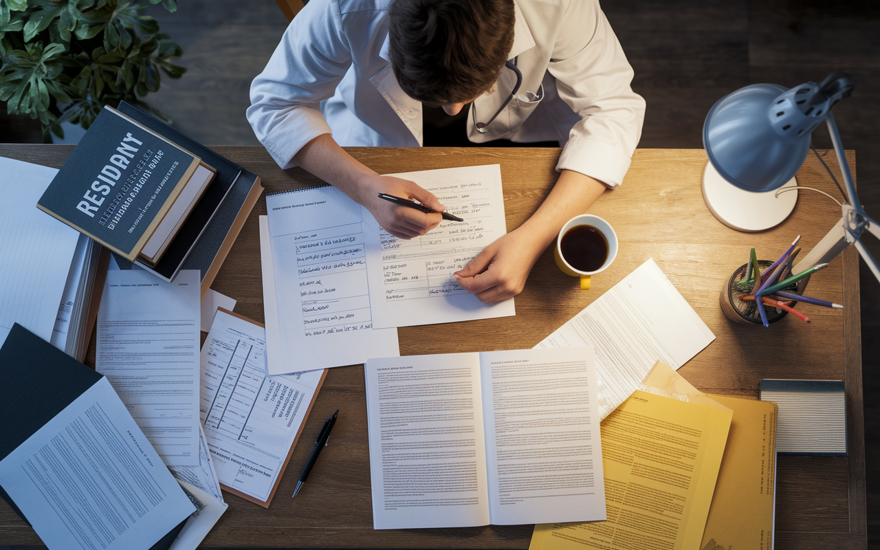 An overhead view of a desk cluttered with papers, textbooks, and personal notes that highlight dark spots in a residency application. A young medical student is visibly focused, analyzing notes while sipping coffee, surrounded by a softly lit room. The atmosphere reflects contemplation and determination, with warm light spilling from a desk lamp emphasizing productivity. Realistic details and textures showcase the seriousness of application preparation. Art style: photorealistic.