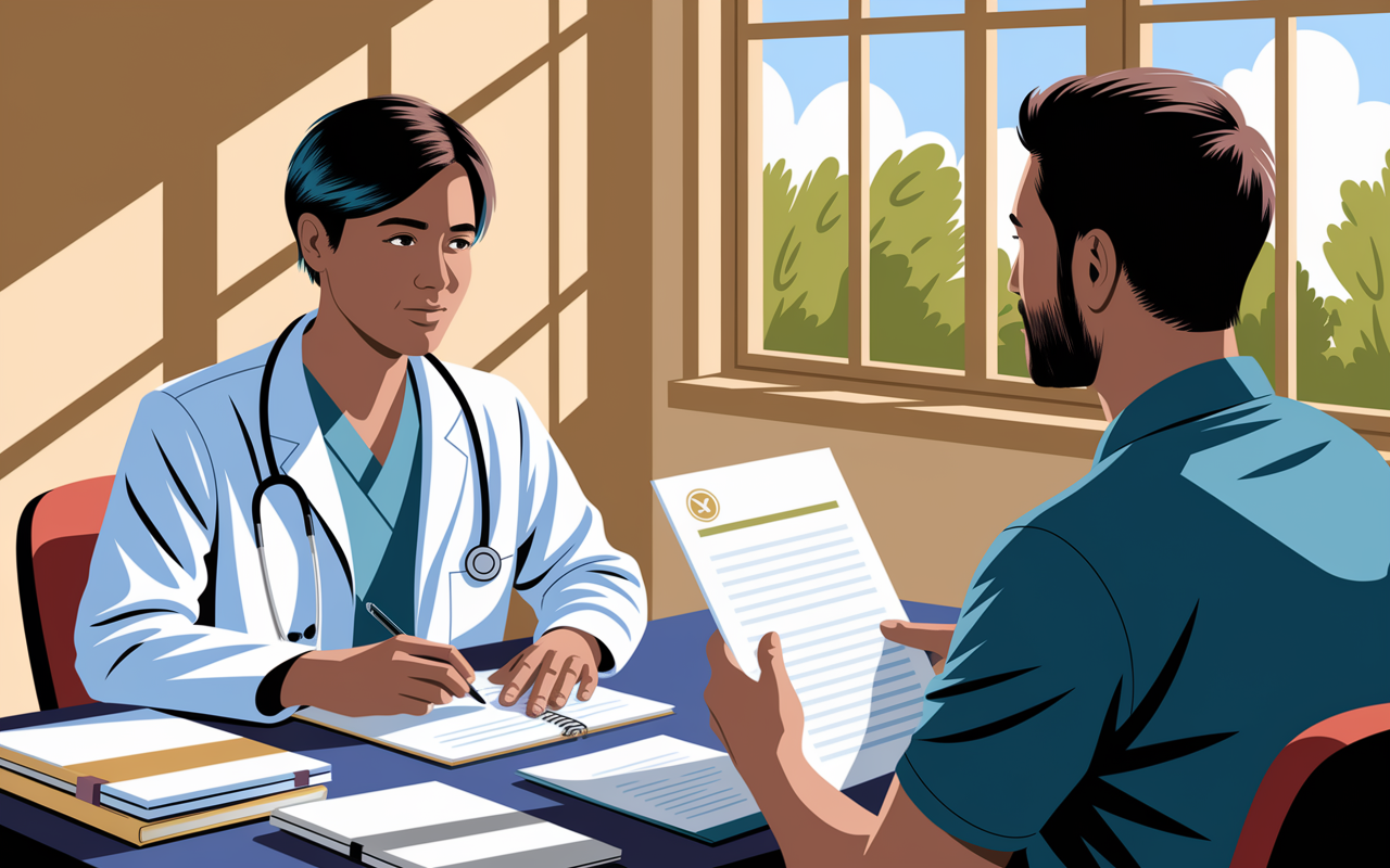 A medical student practicing interview skills in a brightly lit room with a mentor. The student appears attentive and engaged while sitting at a table, surrounded by notes and mock interview materials. The mentor is offering constructive feedback, emphasizing a supportive environment. Natural light streams through the window, creating a warm, encouraging atmosphere. Art style: digital illustration.