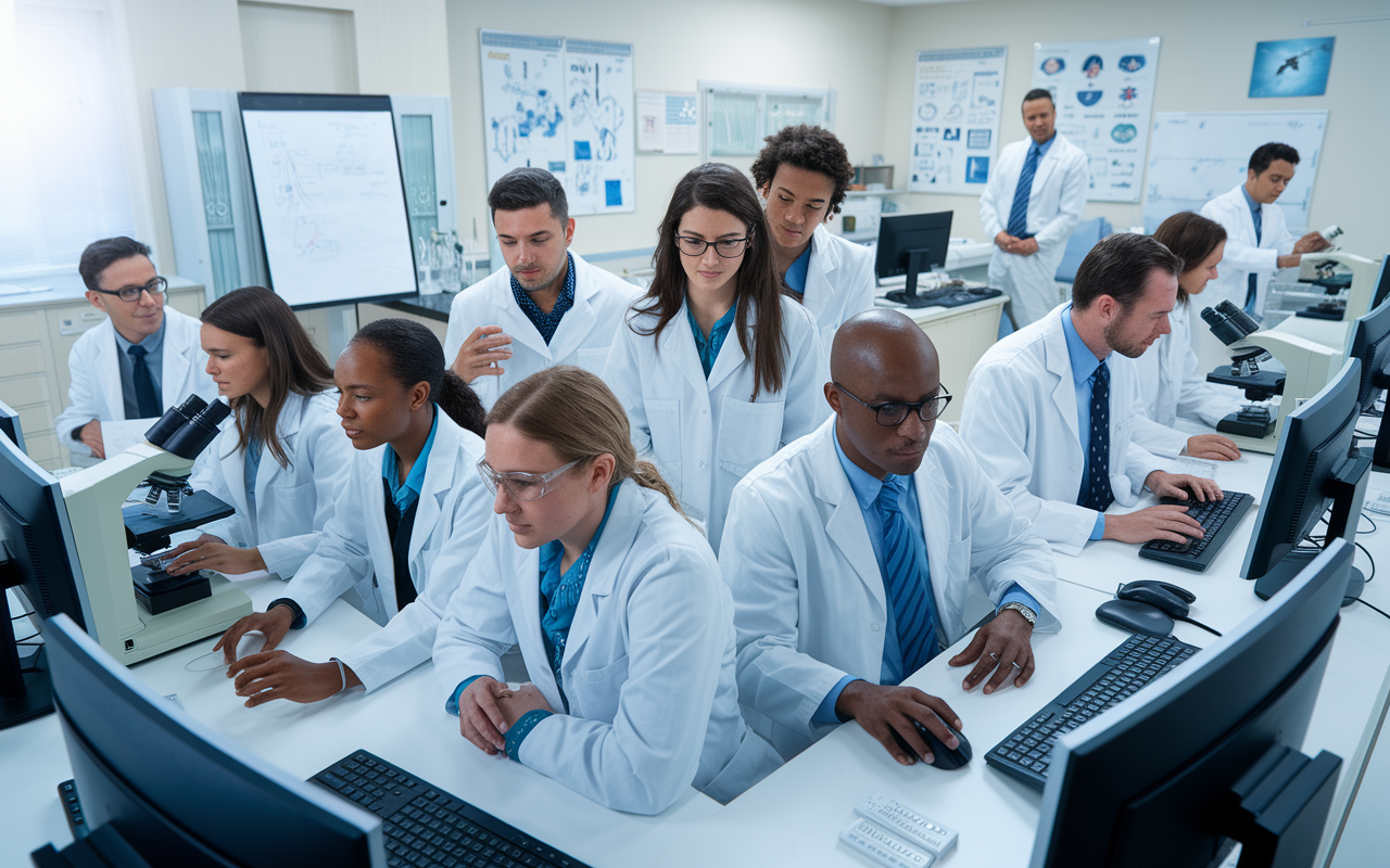 A scene depicting a group of diverse medical students and faculty members working together in a state-of-the-art research laboratory. They are focused on analyzing data on computers, discussing findings on a whiteboard, and examining medical samples under microscopes. The room is brightly lit, filled with modern lab equipment, and charts on the walls illustrating complex scientific processes. The atmosphere conveys teamwork, innovation, and dedication to medical advancement, highlighting the importance of research in their journey.