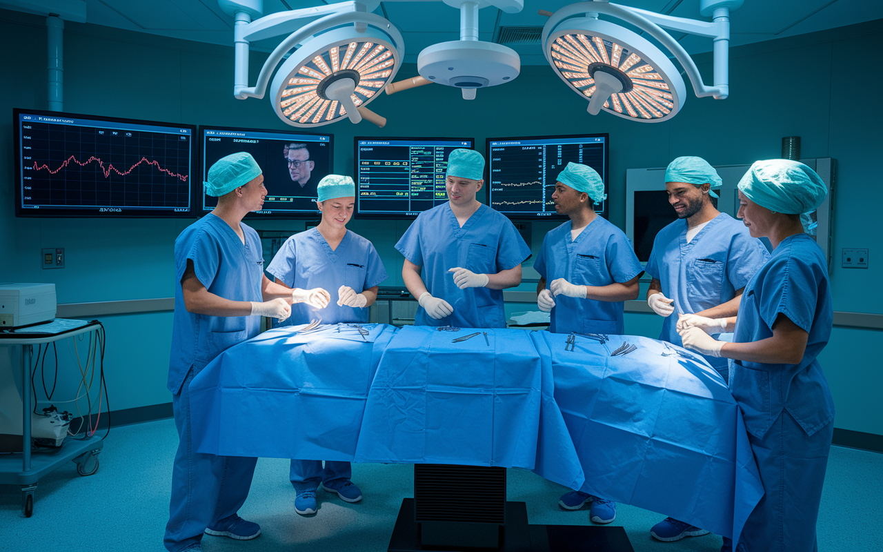 In a high-tech surgical simulation room, a group of medical residents in scrubs is practicing minimally invasive surgical techniques on advanced simulators. The room is well-lit, showing monitors with graphs and statistics related to surgical outcomes. They are engaged in lively discussion, showcasing teamwork and innovation. The environment emphasizes the importance of research and practical experience in surgical residency, reflecting the dedication to advancing medical practices.