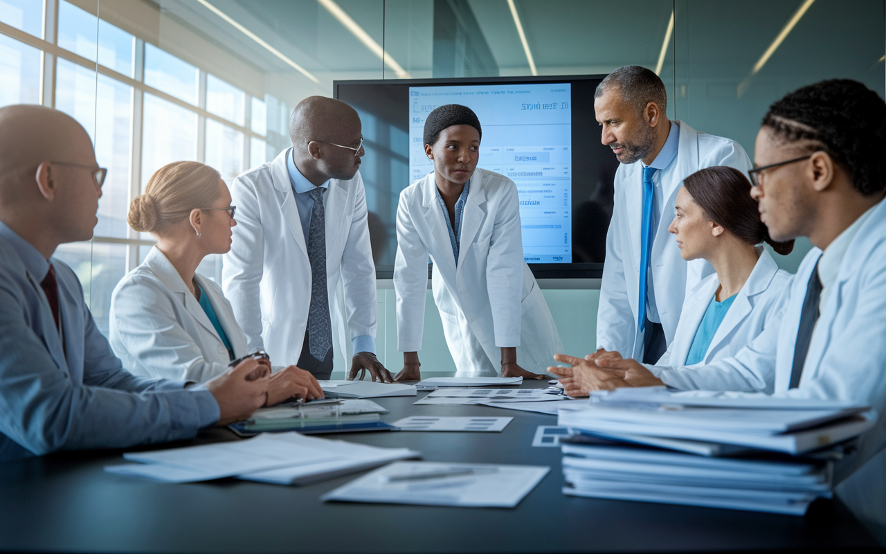 A diverse group of medical professionals engaged in a clinical trial meeting in a well-equipped conference room. They are discussing patient data on a large screen, surrounded by stacks of clinical reports and research papers. The mood is focused and collaborative, reflecting the importance of teamwork in clinical research. Natural light filters through large windows, creating a blend of professionalism and a supportive atmosphere.