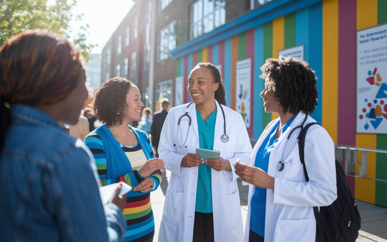 A vibrant scene showing medical students conducting community health research in an urban setting. They are interacting with community members, gathering feedback and insights on local health issues. A colorful backdrop of community buildings and health posters emphasizes engagement and commitment to public health. The sunlight creates a warm atmosphere, highlighting the connection between research and improving community health outcomes.