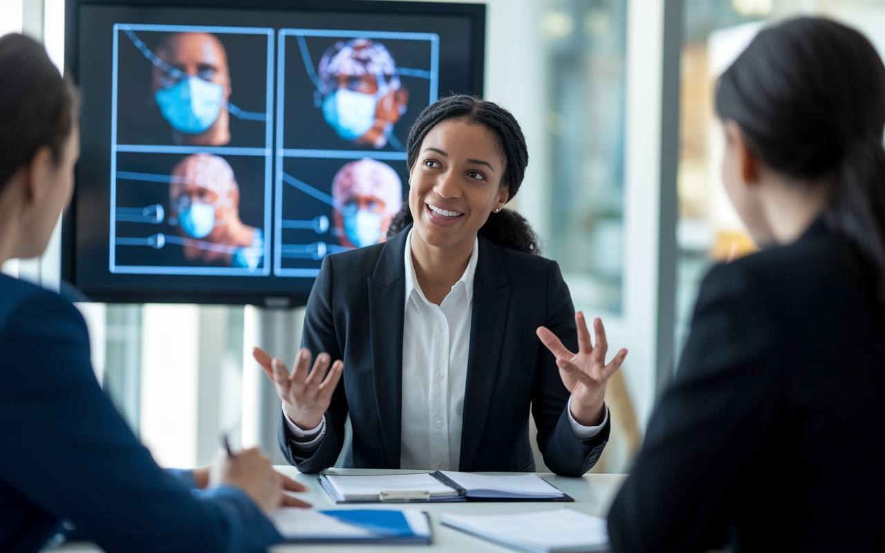 A confident Dr. Sarah, dressed in professional attire, sitting across from a panel of residency interviewers in a well-lit office setting. She is animatedly discussing her research on surgical techniques, with visuals of her work projected on a screen behind her. The interviewers are engaged and taking notes, capturing the essence of a high-stakes interview where research knowledge meets professional aspirations.