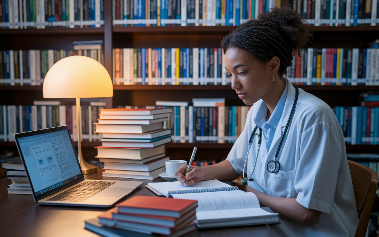 A focused medical student sitting in a cozy library, surrounded by stacks of medical journals and books. A warm lamp casts a soft glow as the student takes notes on a notepad, with an open laptop showing a medical research article. The peaceful ambiance conveys concentration and curiosity, supplemented by a cup of coffee nearby. Bookshelves filled with diverse medical literature create a scholarly atmosphere.