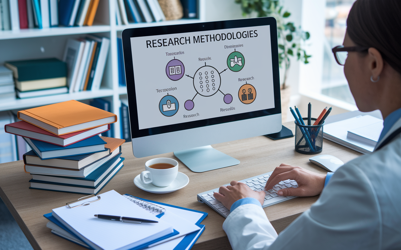 A medical professional engaged in an online course; on the screen, a detailed diagram of research methodologies is displayed. The setting is a modern office filled with academic books and research papers. A notepad filled with notes and a cup of tea sit on the desk. The atmosphere is fruitful and conducive to learning, reflecting dedication to developing research skills.