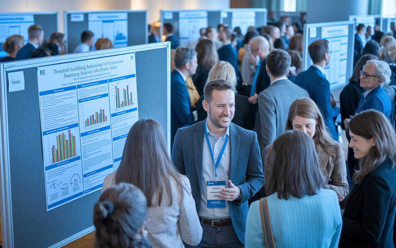 A vibrant scene at a medical conference showcasing presenters standing next to their posters. Attendees gather around, engaging in discussions. One poster highlights groundbreaking research with colorful charts and images, contrasted against a backdrop of people networking. The atmosphere is full of enthusiasm, highlighting the excitement of sharing knowledge and collaboration.