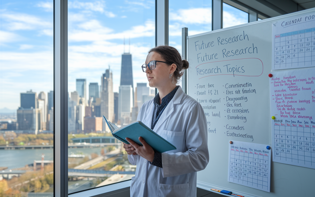 A researcher standing in front of a wide window overlooking a city skyline, holding a notebook filled with research ideas. Behind them is a whiteboard filled with future research topics and a calendar marked with upcoming conferences. The setting conveys inspiration, determination, and a commitment to continuous learning and exploration in the field of medicine.