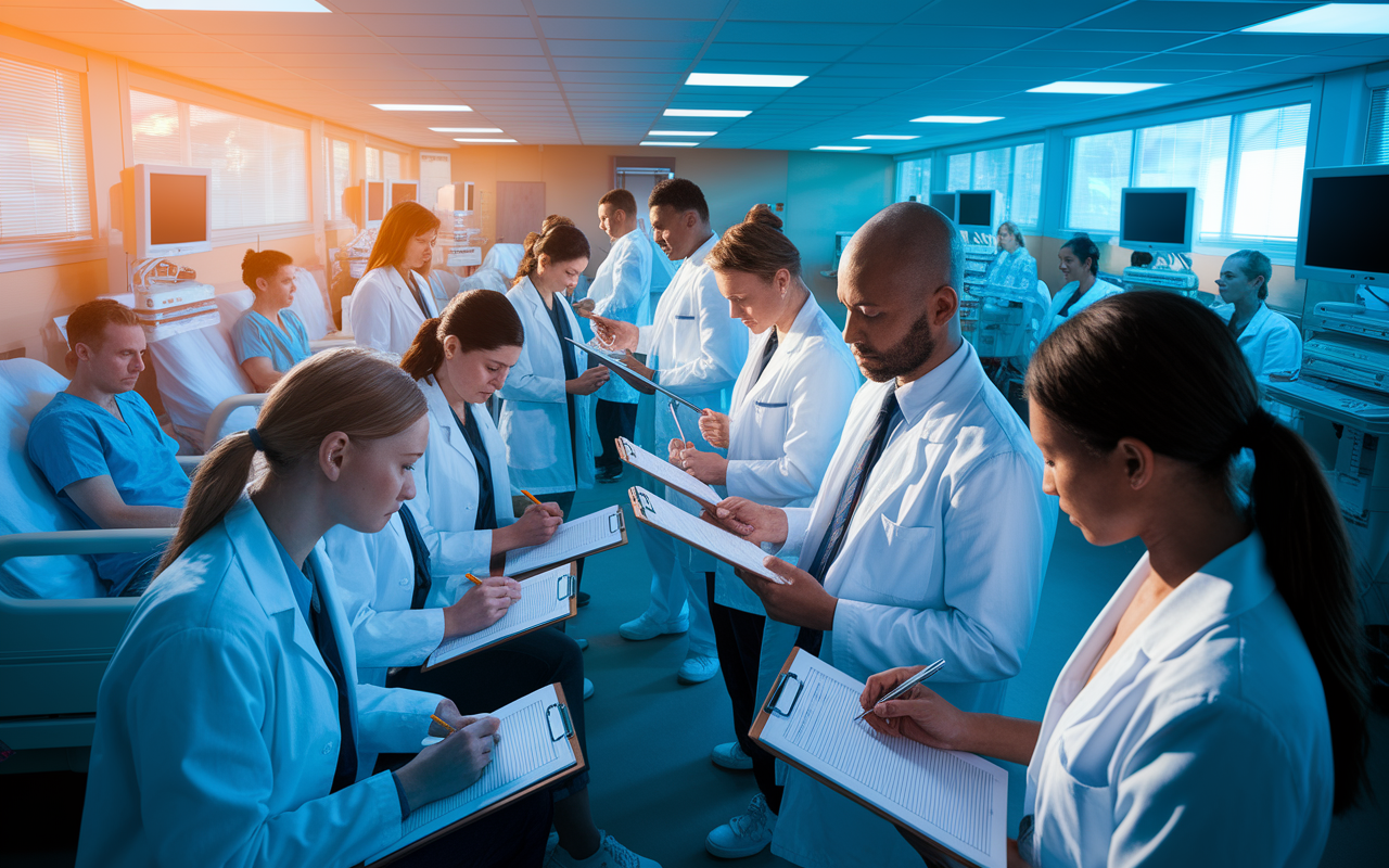 An intense scene inside a clinical research setting where a diverse team of researchers including male and female medical students is collecting data from patients. The patients are in hospital rooms with health monitors visible. A nurse observes the process while students jot down notes on clipboards. The environment is vibrant, capturing the spirit of teamwork and dedication in a well-lit clinical area, with warm sunlight filtering through the windows.