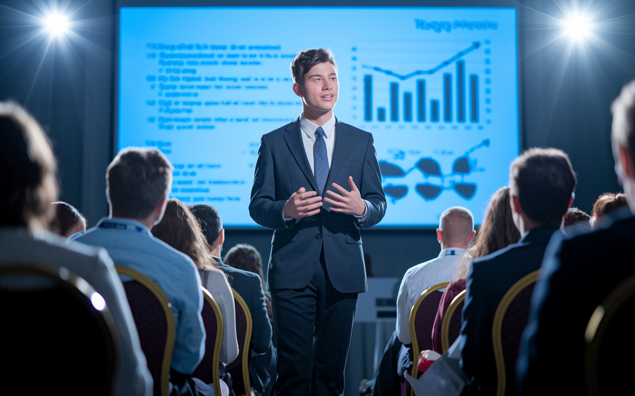 A medical student in a professional suit standing confidently in front of an audience, delivering a presentation about their research findings at a medical conference. The background features a large screen displaying charts and bullet points. Attendees are attentively listening, some taking notes. The setting is filled with a sense of aspiration and academic rigor, captured with dynamic lighting focusing on the presenter.