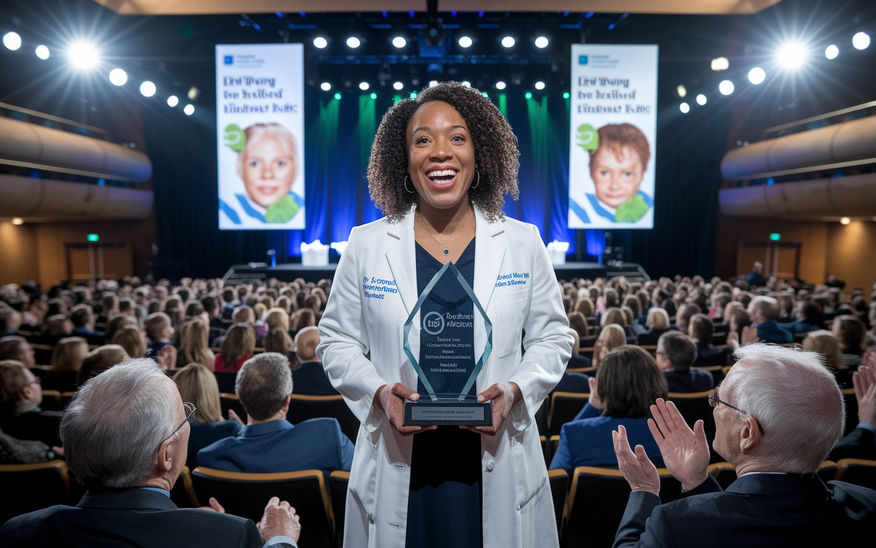 A joyful scene showing Dr. Linda Johnson receiving a prestigious award at a medical conference for her research on childhood obesity. The auditorium is filled with applauding colleagues while banners display her research topic. The lighting is bright and celebratory, highlighting her excited expression surrounded by peers and mentors, symbolizing success and recognition in medical research.