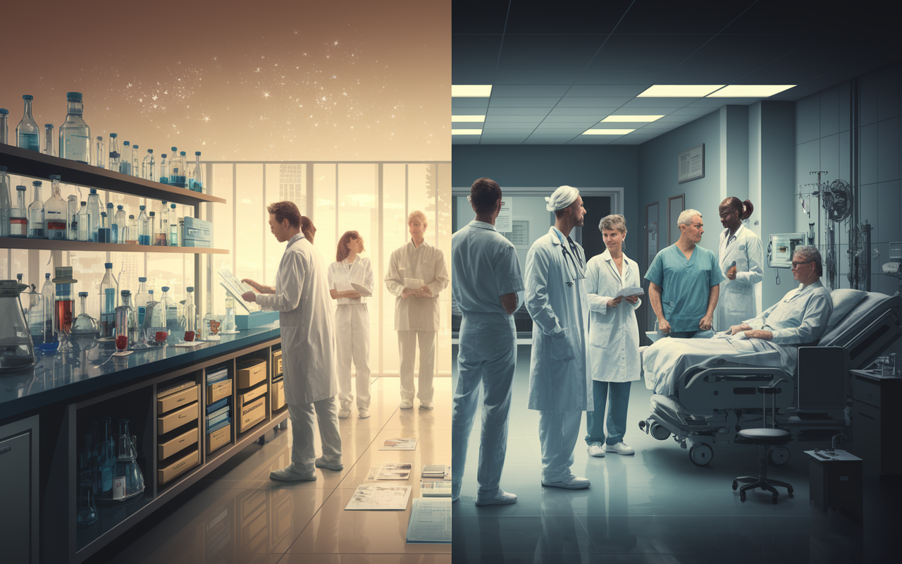 An artistic representation of the bench to bedside concept, divided into two halves. On one side, a lab bench filled with test tubes, beakers, and research data charts, showcasing basic science research. On the other half, a busy hospital setting with doctors and nurses attending to patients, demonstrating clinical applications of research findings. Soft lighting transitions from the bright lab to the warmer and more emotional atmosphere of patient care, symbolizing the journey of medical advancements.