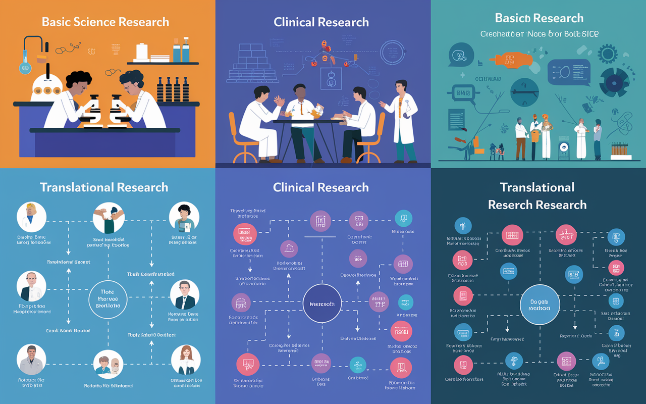 A vibrant collage showcasing three types of research: Basic Science Research, Clinical Research, and Translational Research. The image includes a laboratory with scientists looking through microscopes for basic research, a doctor interacting with patients for clinical research, and a dynamic flowchart highlighting translational research processes connecting the lab to bedside applications. Each section is visually distinct yet creatively integrated to illustrate the interdisciplinary nature of medical research.