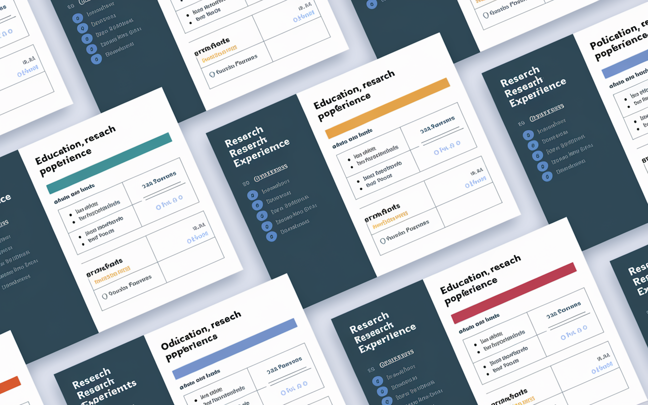 A visually appealing layout of a medical student's Curriculum Vitae (CV), organized into clearly defined sections: Education, Research Experience, Publications, Presentations, and Relevant Skills. Each section is color-coded and includes bullet points with quantifiable achievements, such as number of patients involved and types of research projects. The overall look is professional and polished, reflecting the dedication and organization that a residency applicant should convey.