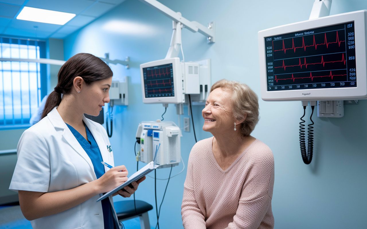 A medical student interviewing a patient in a clinical setting, surrounded by heart monitoring equipment. The student is taking notes carefully while the patient appears engaged and hopeful. A wall-mounted display shows heart rate data and medication information. The atmosphere is bright and clinical, reflecting the seriousness of cardiology research while also emphasizing compassionate patient care.