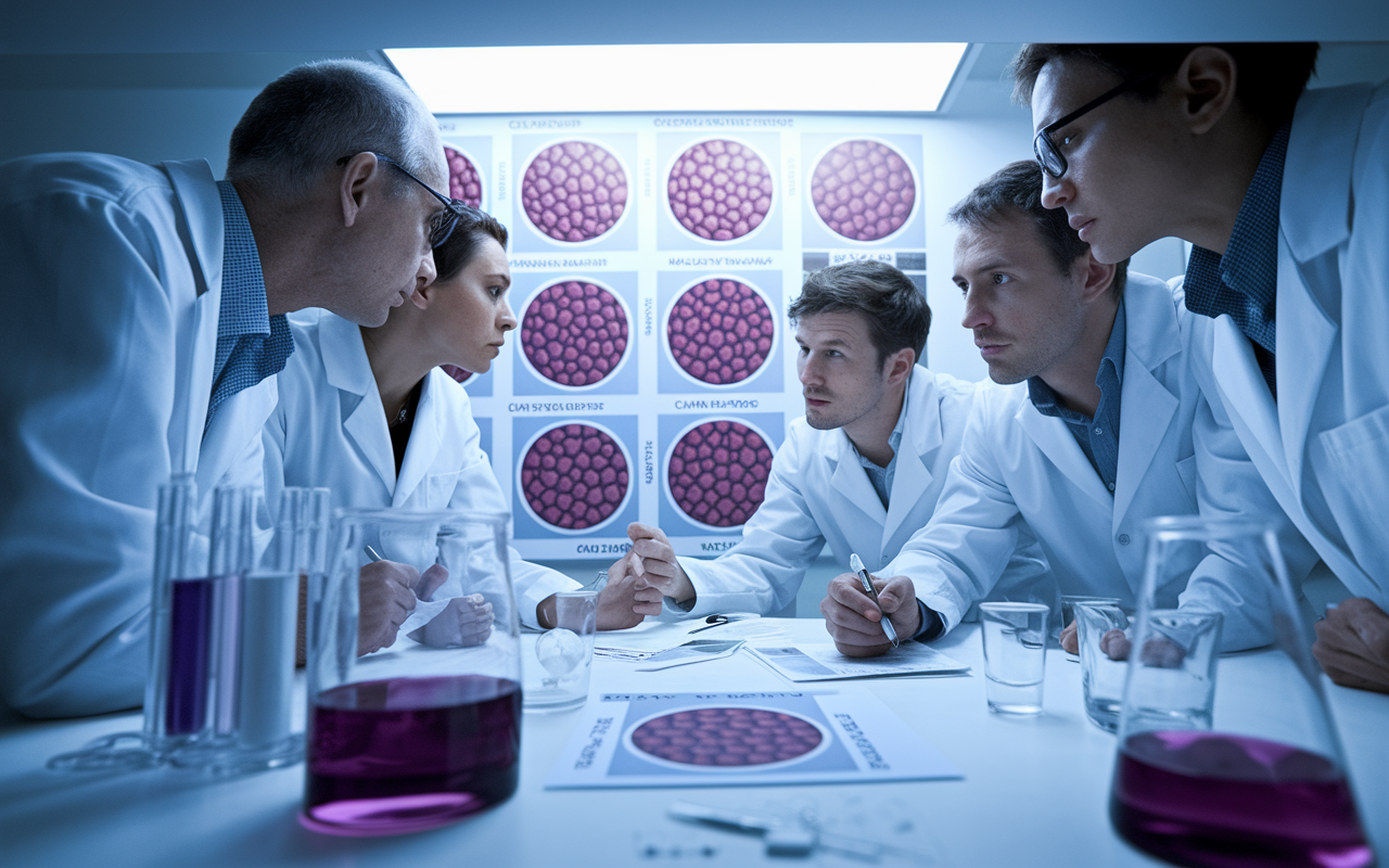 A group of researchers intensely discussing findings in a lab focused on oncology. Charts of cancer cell structures and mechanisms are displayed on a whiteboard. One researcher is pointing at a diagram while others take notes. Glassware and medical samples surround them, creating an atmosphere of discovery and innovation. The lighting is bright, emphasizing the importance of their groundbreaking work.