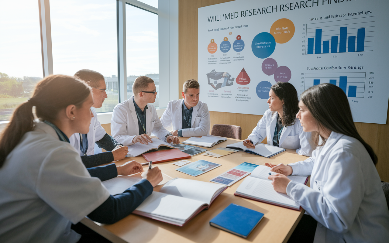 An image of a group of medical students gathered around a large table in a well-lit study room, intensely discussing a research project. They are surrounded by notebooks, laptops, and medical journals opened to pages of their work. A large wall poster illustrates their research findings, with charts and graphs that depict medical advancements. The mood is focused and collaborative, with bright and natural lighting pouring in from large windows. Styles reminiscent of contemporary academic environments, with modern furnishings.