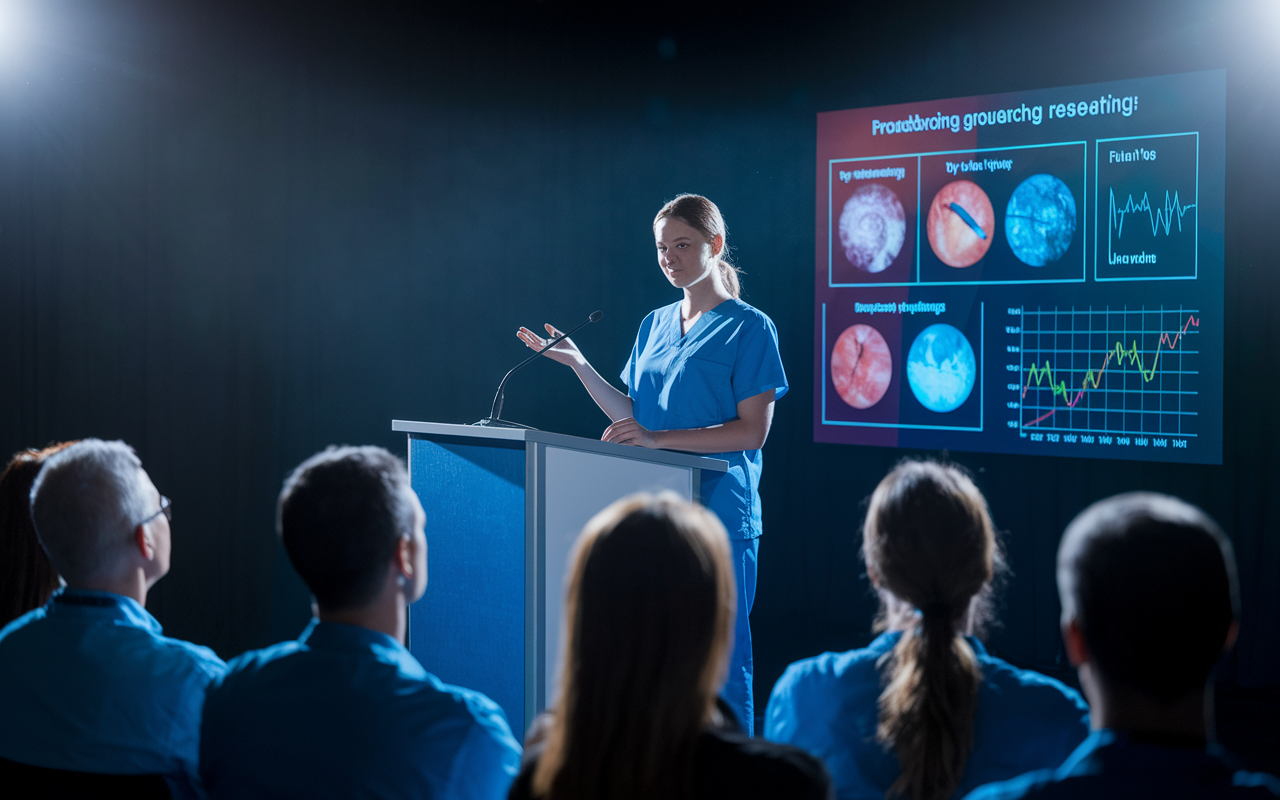 A surgical candidate presenting groundbreaking research at a medical conference. The candidate, a young woman in scrubs, stands confidently at the podium with a colorful digital presentation behind her, showing graphs and images from her surgical findings. The audience, consisting of fellow medical professionals, is captivated, reflecting a mix of interest and admiration. Soft spotlight lighting on the candidate while the audience remains slightly dimmed adds a professional yet dynamic atmosphere.