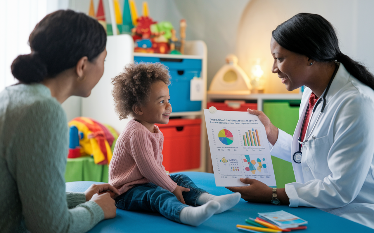 A pediatrician engaged in a heartfelt conversation with a young patient and their parent in a colorful, welcoming examination room. Toys and educational materials are scattered around. The pediatrician shows a chart regarding child health that integrates clinical knowledge with research findings. Soft, warm lighting enhances the nurturing environment, emphasizing the importance of patient care intertwined with subtle hints of research involvement.